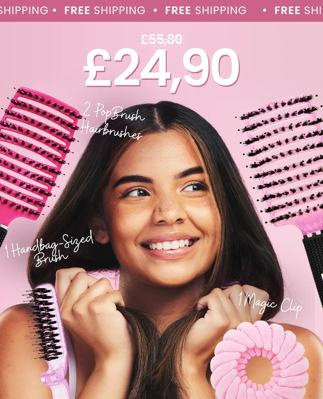 Pack 2 Hairbrushes + handbag-sized Brush + Magic Clip